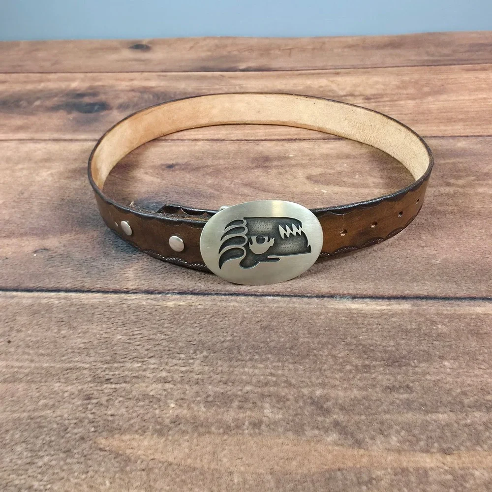 Leather Belt Men Small Brown Good Bear Paw Buckle Scalloped Edge